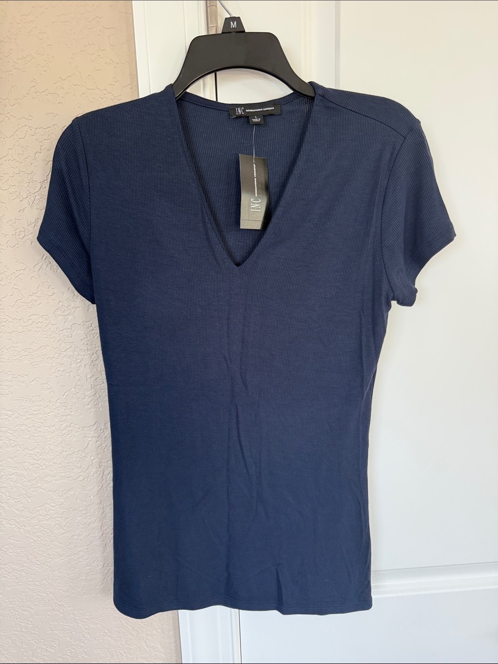 INC International Concepts Navy V-Neck Ribbed Short Sleeve Tee